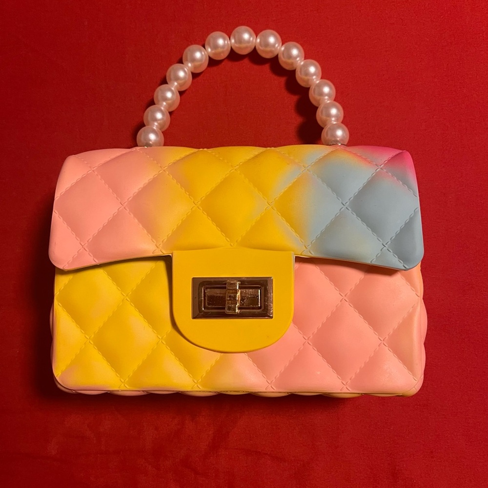 Colorful Quilted PVC Jelly Women's Bag with Pearl Handle and chain attachment